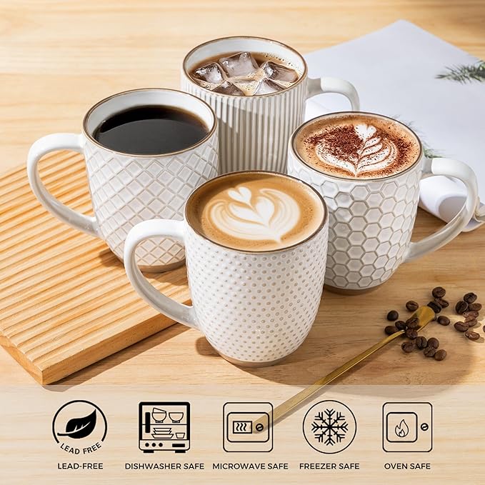 GBhome Large Coffee Mugs Set of 4, 16oz Handmade Embossed Coffee Mugs Set with Large Handle for Cappuccino/Latte/Tea/Hot Cocoa, Dishwasher & Microwave Safe, Off White