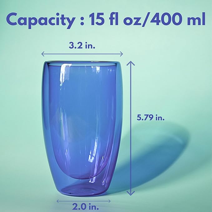 Double Wall Glass Cup 15oz Insulated Coffee Mug for Coffee Tasting Christmas Drinks Home Café Cozy Nights Holiday Gifts Set in Ocean Blue/Botanic Green