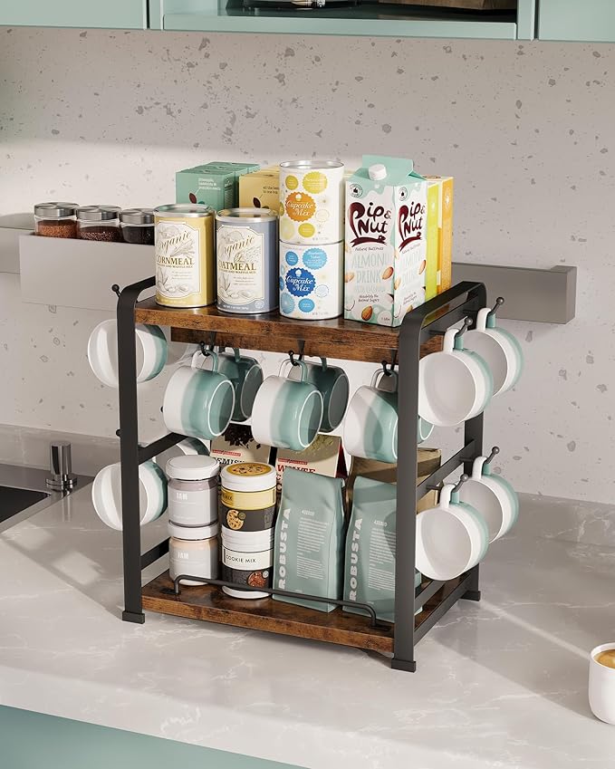 OROPY Wooden Coffee Bar Organizer with 14 Mug Hooks, 2 Tier Countertop Coffee Mug Holder Stand for Cups, Mugs, Syrups, Accessories