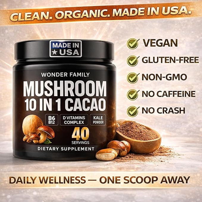 Instant Mushroom Powder 10:1 – Cordyceps Mushroom Supplement with Reishi, Chaga & Shiitake – Caffeine-Free Nighttime Drink with B6, B12, D + Probiotics – Best Mushroom Coffee Organic Blend (Sweet)