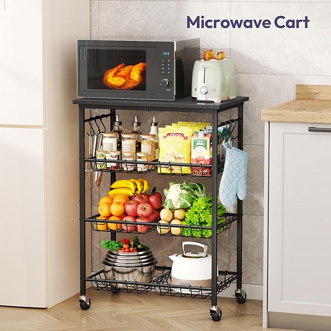 SWTYMIKI Rolling Kitchen Storage Cart - 4 Tier Microwave Table Stand with 6 Storage Baskets, Coffee Bar with Wheels, Kitchen Utility Cart Shelf Rack Organizer for Fruit, Vegetables, Potato (Black)
