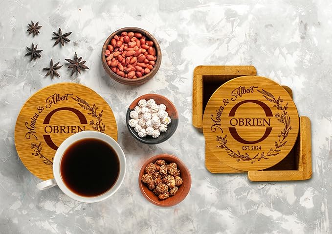Silveroy Custom Coaster Set of 6 with Holder - Personalized Bamboo Bar Coasters for Anniversary, Wedding, Ideas to Couples, Newlyweds