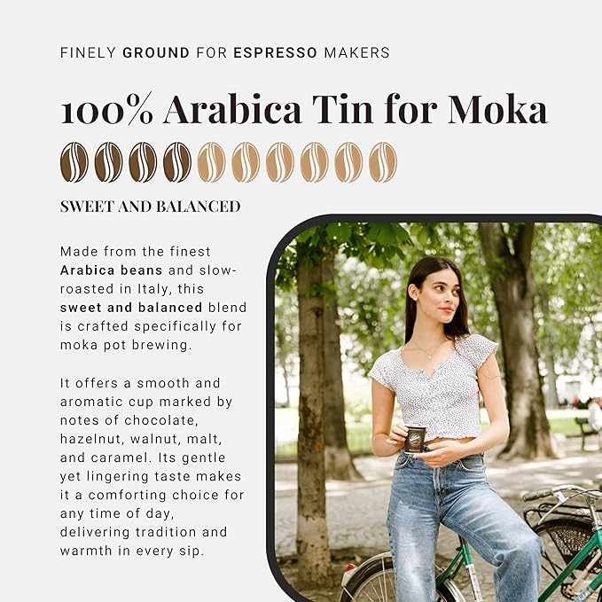 Caffè Vergnano Italian Finely Ground Espresso Coffee – 100% Arabica for Moka, Intensity Level 4 – Sweet & Balanced Blend Slow Roasted with Notes of Chocolate, Hazelnut, Caramel, 8.82 oz Tin