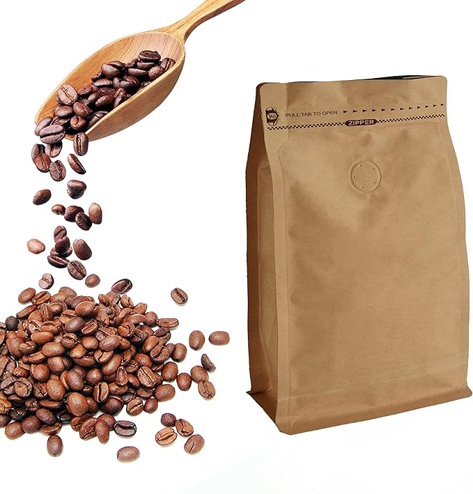 50 Pieces 12 Ounce Kraft Paper Stand Up Coffee Bag/Flat Bottom Pouch with Air Release Valve and Reusable Side Zipper. (50pcs, ¾lb/12oz/340g)