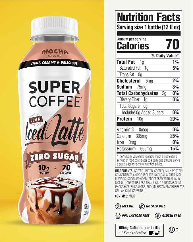 SUPER COFFEE, Keto Protein Coffee (0g Added Sugar, 10g Protein, 70 Calories) [Mocha] 12 Fl Oz, 12 Pack | Iced Smart Coffee Drinks