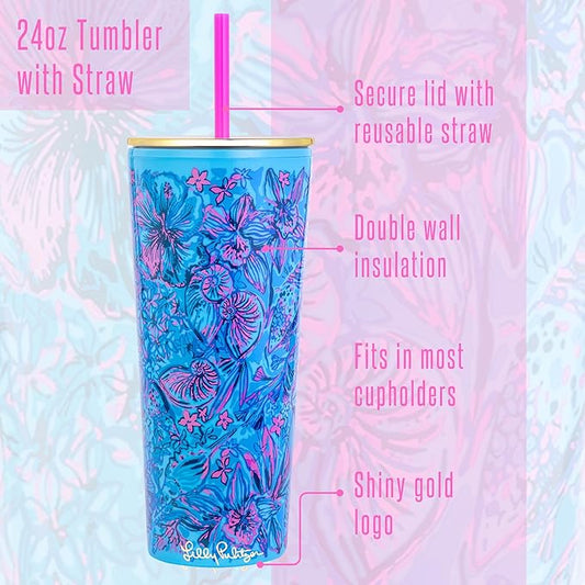 Lilly Pulitzer Double Wall Tumbler with Lid and Reusable Straw, Blue Plastic Cup, Insulated Travel Cup Holds 24 Ounces, Shells N Bells