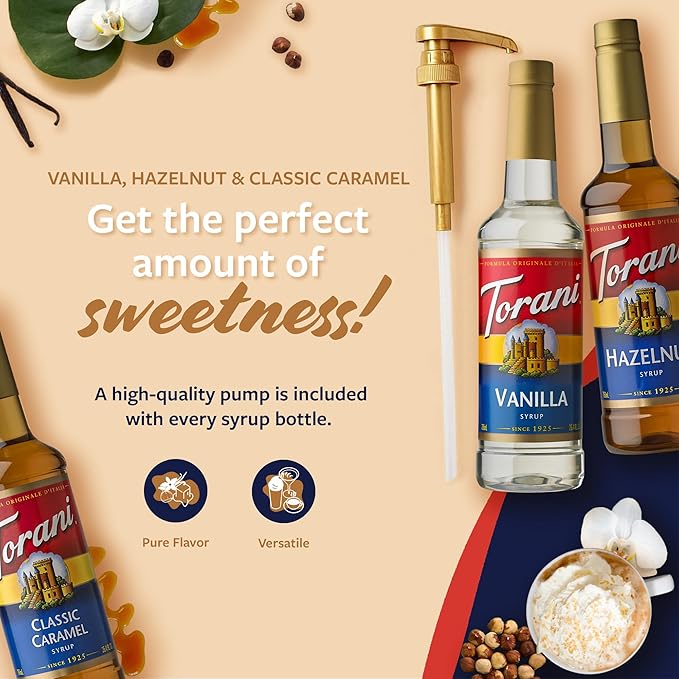 Torani Syrups, Classic Caramel, Hazelnut, and Vanilla Syrup Variety 3-Pack, Coffee Syrups for Drinks, Pumps Included, 25.4 Fl Oz Ea