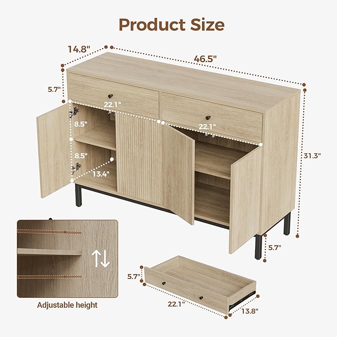 Mericonia Farmhouse Buffet Sideboard Cabinet with Storage, Fluted Coffee Bar with Doors and Adjustable Shelves, Modern Wood Console Cabinet with Drawers (4 Door, Oak2 Drawer)