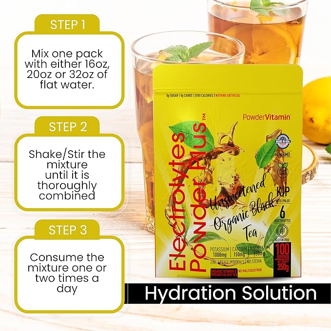 PowderVitamin Electrolytes Powder Plus (100 Servings) Unsweetened Black Tea Electrolyte Powder Keto,SugarFree,Pink Himalayan Salt,1000mgPotassium,150mgCalcium,150mgMagnesium,Hydration Powder NO STEVIA