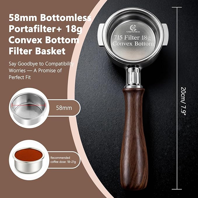 Espresso Accessories, 58mm Bottomless Portafilter with 18g Convex Filter Basket (715 Holes), Walnut Wood Handle, Compatible with La Marzocco, Slayer, Rocket Espresso, Lelit & E61 Machines