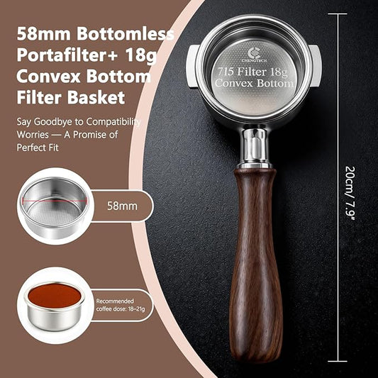 Espresso Accessories, 58mm Bottomless Portafilter with 18g Convex Filter Basket (715 Holes), Walnut Wood Handle, Compatible with La Marzocco, Slayer, Rocket Espresso, Lelit & E61 Machines