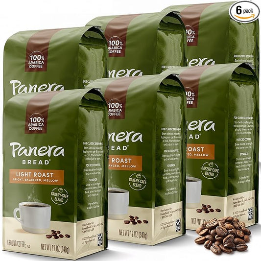Panera Light Roast Ground Coffee, 100% Arabica, Sustainably Sourced – Smooth, Bright & Balanced Flavor – Clean Label, No Artificial Ingredients – Kosher, Gluten-Free 12oz Bag Pack of 6 (72oz Total)