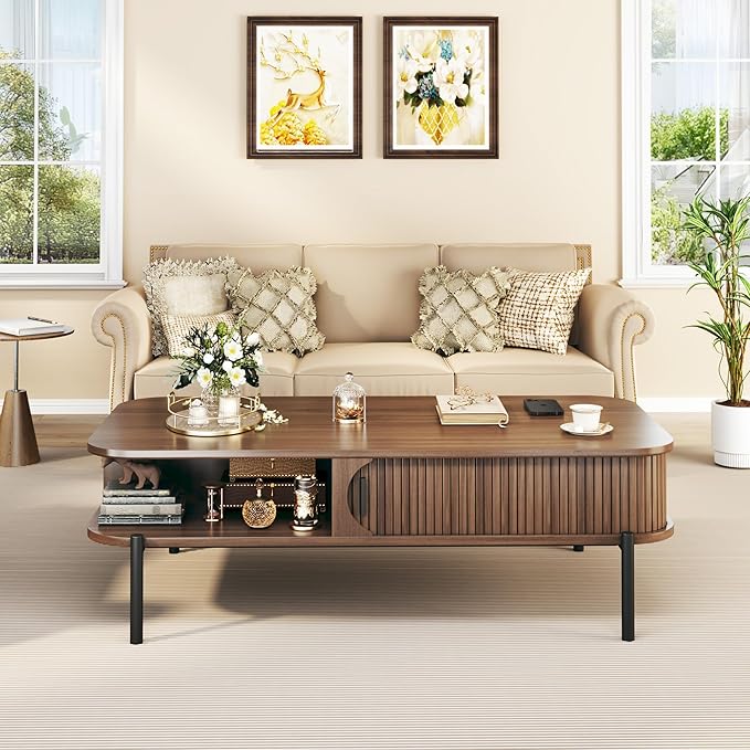 Coffee Table, 47.2" Mid Century Modern Coffee Tables for Living Room, Coffee Table with Storage Open Shelf, Fluted Table with Sliding Cabinet Door, 2-Tier Rustic Wood Desktop, Walnut