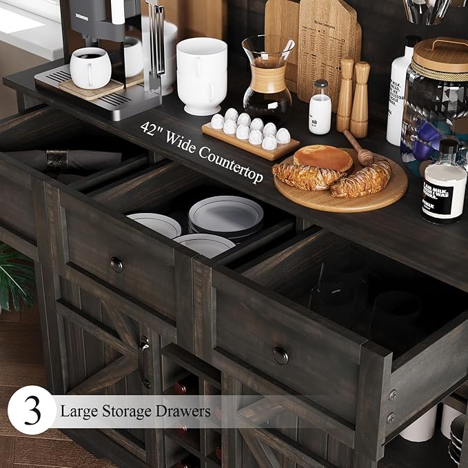 4 EVER WINNER 72" Coffee Bar Cabinet with Sliding Barn Door & Wine Racks, Hutch Cabinet with Storage and 3 Drawers, Farmhouse Coffee Bar with Wine Glass Holder for Dining Room Kitchen, Rustic Oak