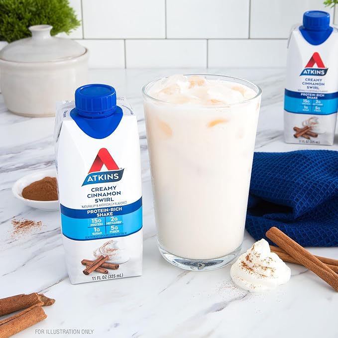 Atkins Creamy Cinnamon Swirl High Protein Shake,15g Protein,Keto-Protein Shake,2g Net Carb,1g Sugar,Low Sugar and Low Carb,Breakfast-Protein Shakes,(Pack of 24)