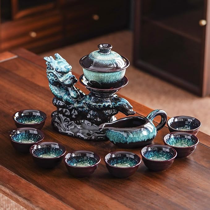 Ceramic Teapot with Infuser Semi Automatic Tea Set Magic Teapot with 8 cups Gradient Color (Gradient Dragon- B)