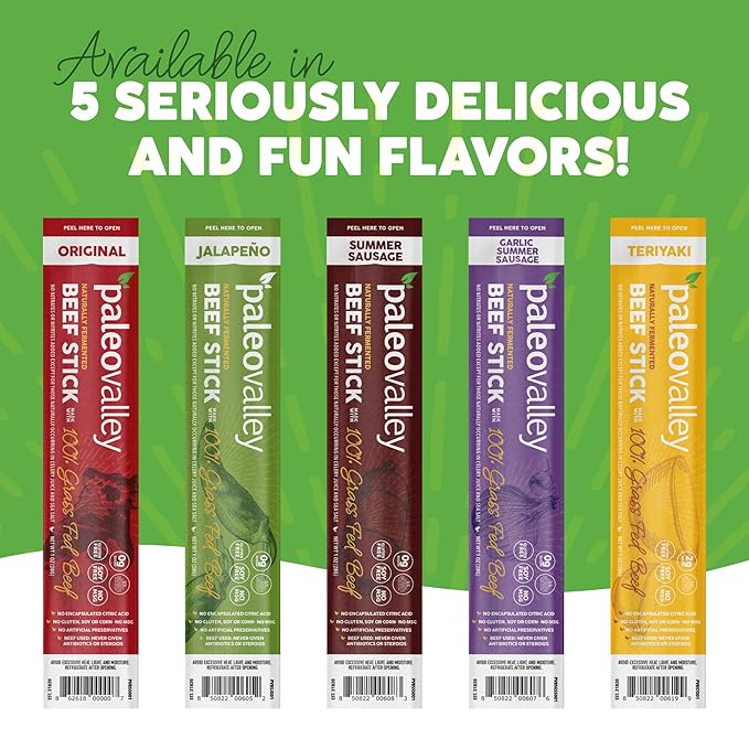 Paleovalley 100% Grass Fed Beef Sticks - Delicious Gluten Free Beef Snack - High Protein Keto Friendly, 40 Count Variety Pack