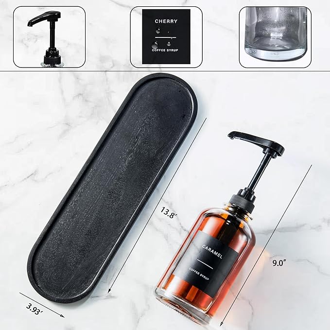Coffee Syrup Pump Dispenser - Glass Bottle with 1/4 oz Large Capacity Pump, Coffee Bar Organizer Black, 16.9oz