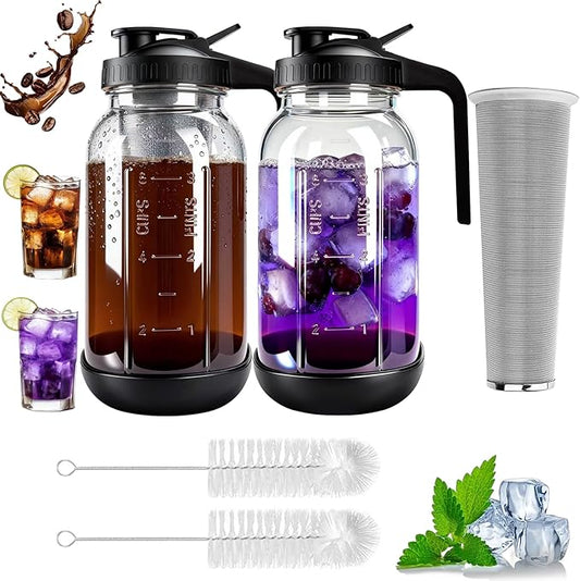 RuileMei Cold Brew Coffee Maker,2 Pcs 64 oz mason jar pour spout lid, coffee carafe,Refillable Stainless Steel Filter,Non-slip silicone sleeve for glass pitcher, Homemade Beverage