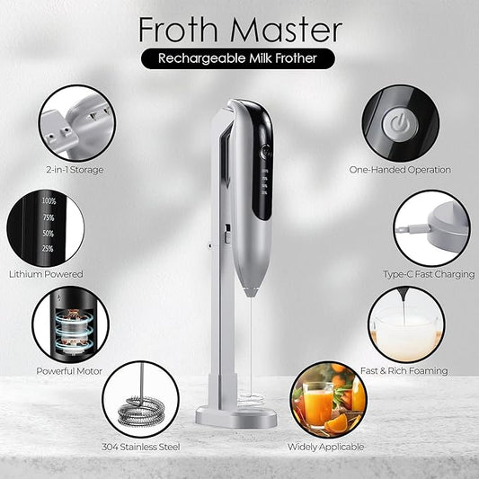 GOCHA | FrothMaster X2 Rechargeable Milk Frother – 2-Speed Handheld Foam Maker for Coffee, Lattes, Matcha – USB-C Charging, Stainless Steel Whisk, Stand Included (Silver)