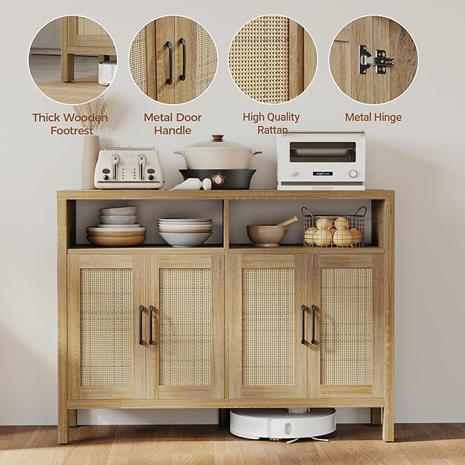 Mericonia Rattan Buffet Cabinet with Storage, Sideboard with Doors, Console Table, Farmhouse Coffee Bar, Modern Wood Storage Cabinets TV Stand(Natural 2.0)