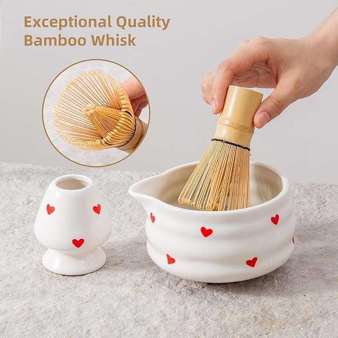 5pcs Premium Matcha Set,Ceramic Bowl with Spout and Bamboo Whisk set, Ceremonical Matcha Kit for breakfast/latte,Tea Starter Making Kit,Unique Matcha Gift set (love)