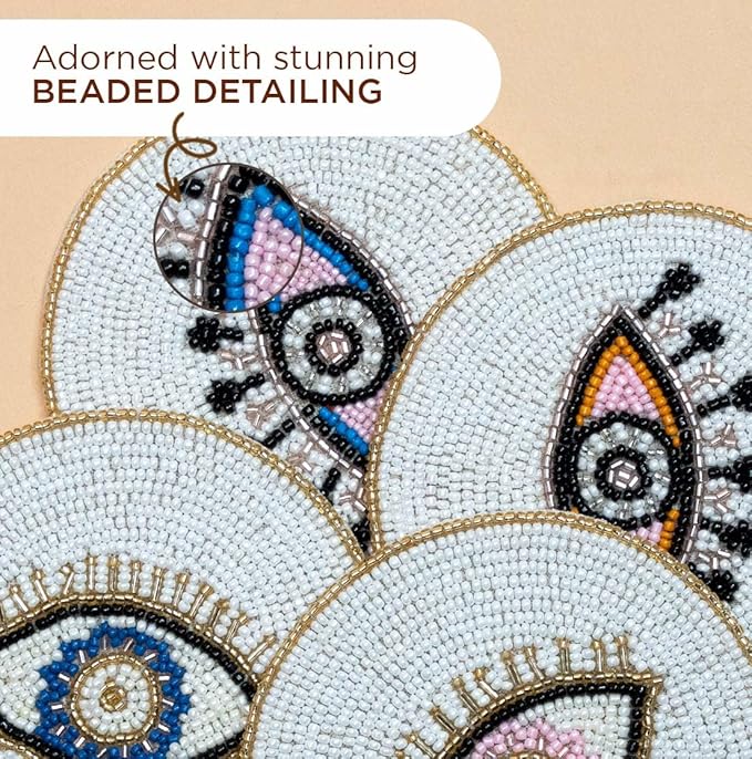 Folkulture Hand-Crafted Evil Eye 2.0 Beaded Coasters Set of 4 | Handmade Boho Drink Coasters for Coffee Table & Bar | Decorative Round Bead Coasters for Cocktails & Wine | New Year & Valentine Gift