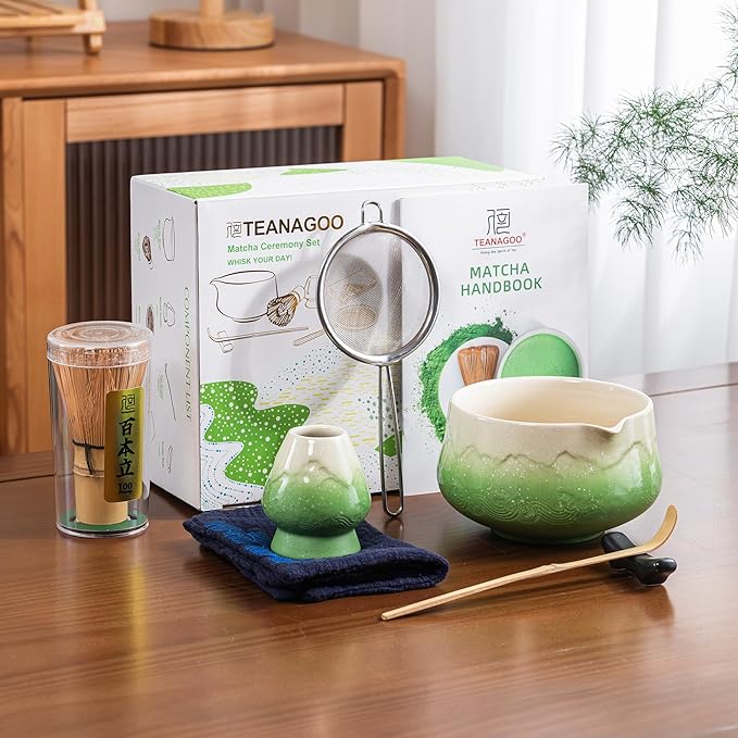 TEANAGOO 7 Pcs Matcha Whisk Set,Green Matcha Set, Ceremony Matcha Powder Kit,Matcha Tea Set for Making Latte,Matcha Whisk Set and Bowl with Scoop&Sifter,Fuji Design Ceramic Bowl,Gift for Matcha Lovers