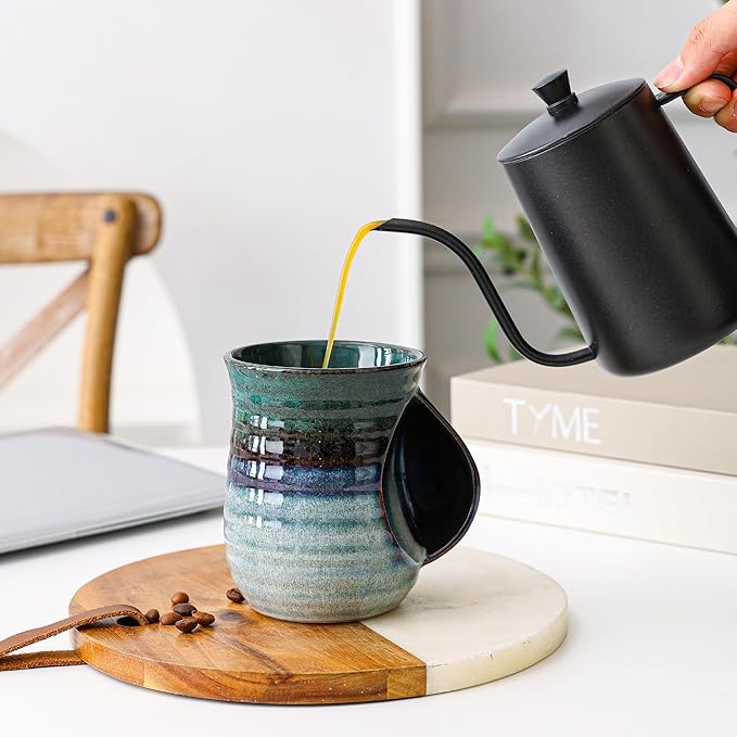 Mkour 21oz Large Ceramic Coffee Mugs, Handmade Tea Cups with Comfortable Handle for Office and Home, Microwave and Dishwasher Safe (Ink Green)