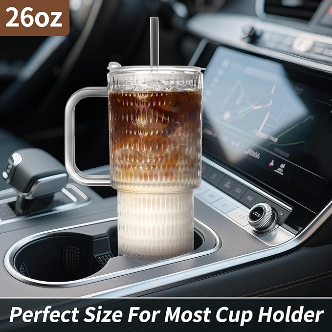 26oz Glass Cups with Lids and Straws,2 Pack Tumbler With Handle Mason Jar Wide Mouth Reusable Drinking Glasses with Lid and Straw Smoothie Tumbler Iced Coffee Beer Cup Travel Mug(Waterdrop)