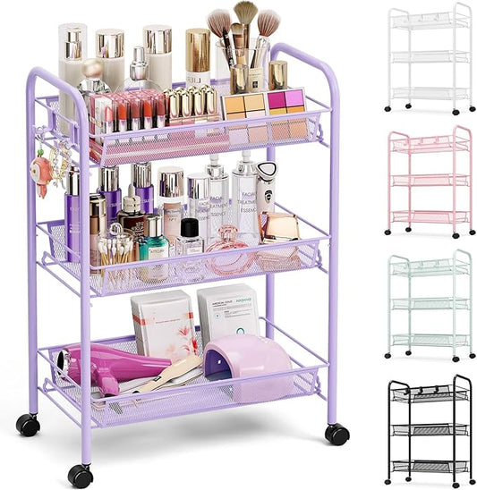 TOOLF 3-Tier Metal Rolling Cart, Mesh Wire Easy Assemble Utility Cart, Storage Trolley on Wheels with 3 Hooks, MetalStorage Shelving Units for Kitchen Bathroom Laundry Room