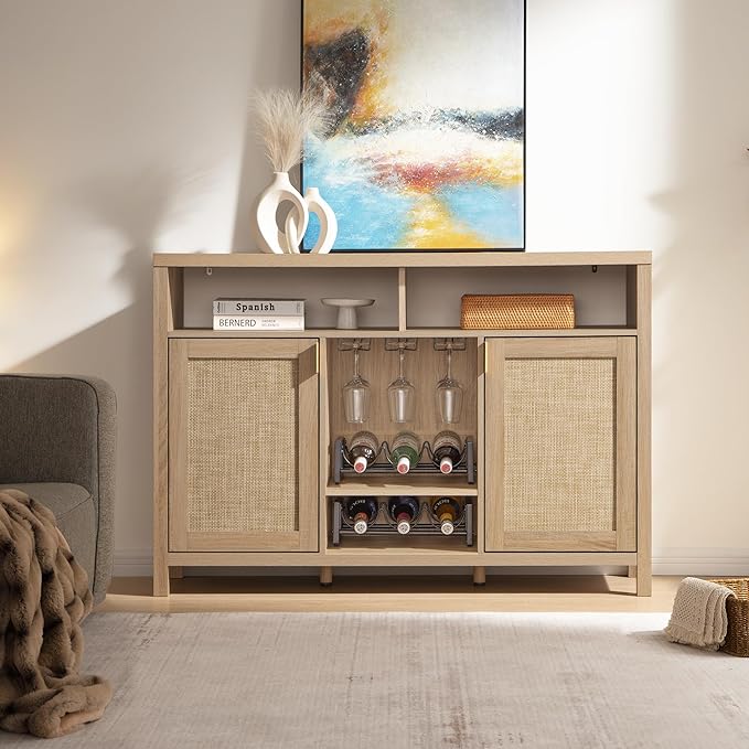 SICOTAS Rattan Coffee Bar Cabinet, 102" Large Sideboard Buffet Cabinet with Storage, Farmhouse Liquor Cabinet with Wine Racks Credenza Console Buffet Table for Home Living Dining Room Entryway