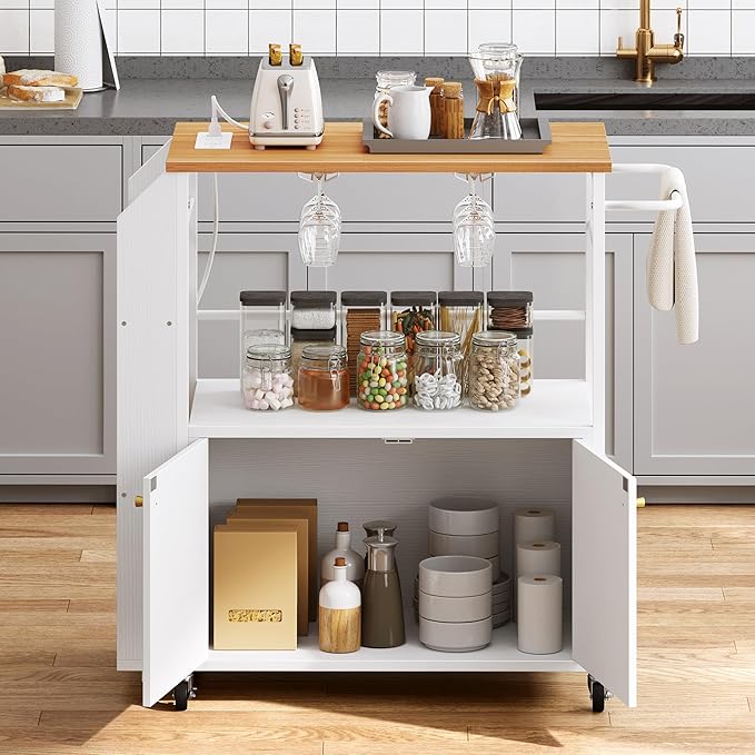 YITAHOME Kitchen Island Cart with Power Outlet, 36 Inch Mobile Kitchen Cart with Open Shelves, Rolling Portable Serving Utility Carts on Wheels with Storage for Kitchen, Dining Room, White