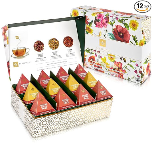 Teabloom Mother’s Bouquet Gourmet Tea Gift – Herbal Assortment with 12 Organic Plant-Based Pyramid Sachets, Caffeine-Free & Kosher, Elegant Presentation Box for Tea Lovers