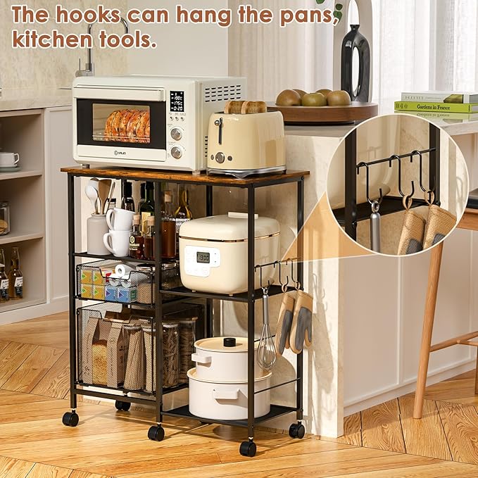 Rolling Microwave Cart with Storage, Microwave Stand with Drawers, Kitchen Storage Rack On Wheels, Kitchen Storage Cart Shelves Organizer Used As Bakers Rack Coffee Bar Station Kitchen Island Cart