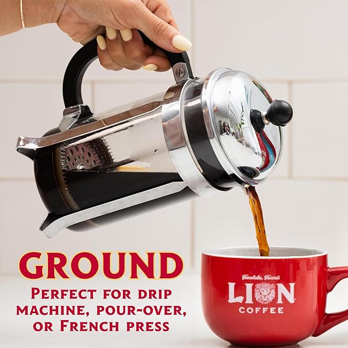 Lion Coffee, Arabica Coffee Beans, Light Roast, Premium Ground Coffee, Toasted Coconut Flavor, A Taste of Aloha, 10 Ounce Bag