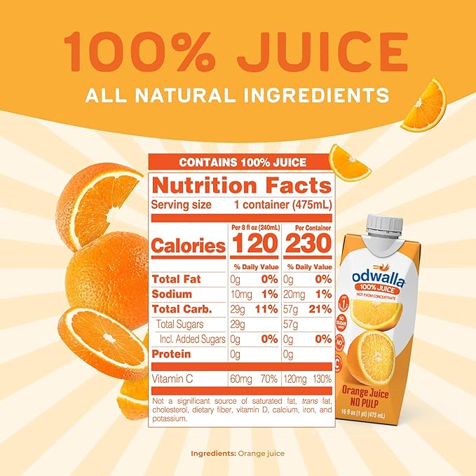 Odwalla Orange Juice, No Pulp - 100% Pure Orange Juice, Pulp Free - Vitamin C - No Added Sugar, No Artificial Ingredients, No Preservatives - 16 fl oz of OJ (12 Pack)