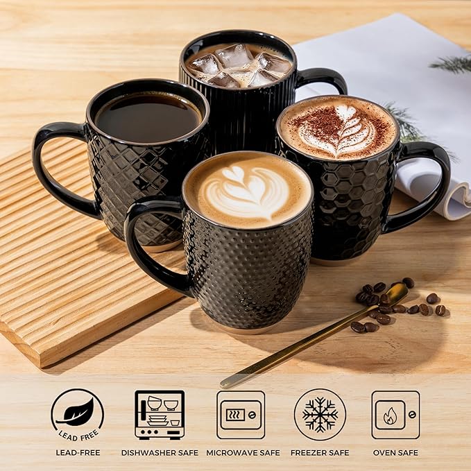 GBhome Large Coffee Mugs Set of 4, 16oz Handmade Embossed Coffee Mugs Set with Large Handle for Cappuccino/Latte/Tea/Hot Cocoa, Dishwasher & Microwave Safe, Black