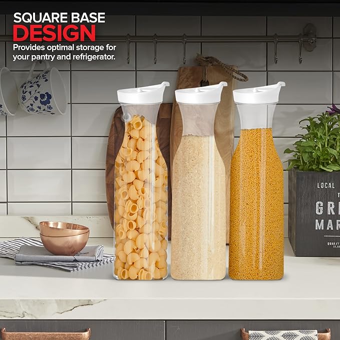 Stock Your Home 50 oz Square Carafes Plastic Juice Carafe with Lids (Set of 4) 50 oz Carafes for Mimosa Bar, Drink Pitcher with Lid, Water Bottle, Milk Container, Clear Beverage Containers for Fridge