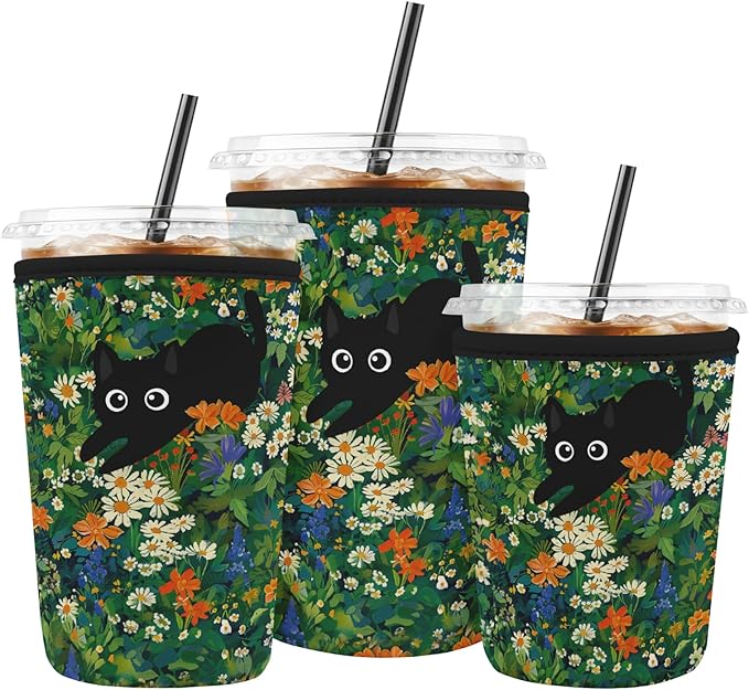 Iced Coffee Sleeve Reusable Cup Sleeves for Cold Drinks Neoprene Koozie Cozy Plastic Cup Covers for Drinks, Cat Garden