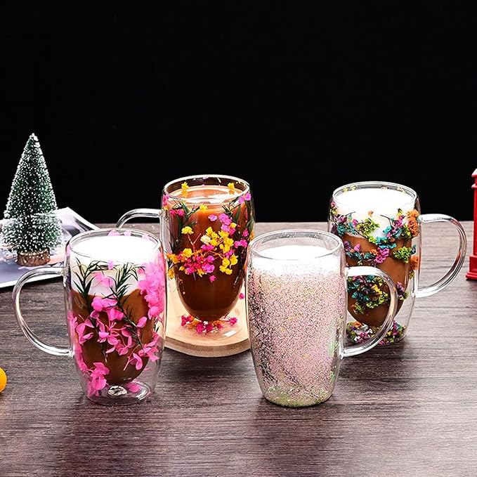 Creative Flowers Double Wall Clear Glass Coffee Mug with Handle, Aesthetic Dried Flowers Coffee Mug, Clear Double Insulated Glass Cup for Hot and Cold Beverages, Cappuccino, (A)