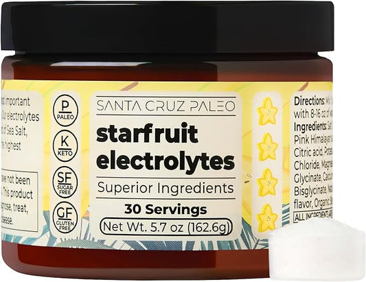 Santa Cruz Paleo Electrolyte Powder, Starfruit Flavor, Sugar Free Hydration Drink Mix with Himalayan Pink Salt, Sea Salt, Magnesium Glycinate, Potassium Chloride, Sweetened with Stevia, 30 Servings