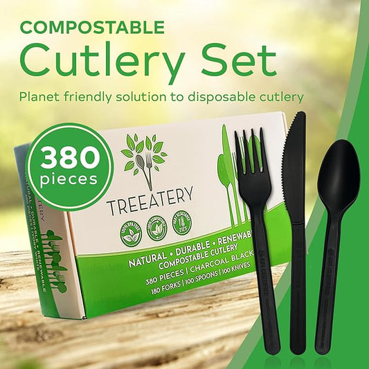 Compostable Cutlery Set, Plant-Based Compostable Utensils Disposable, Dishwasher-Safe Compostable Silverware, 380-Piece Disposable Cutlery, Plant a Tree with Every Box, Charcoal Black