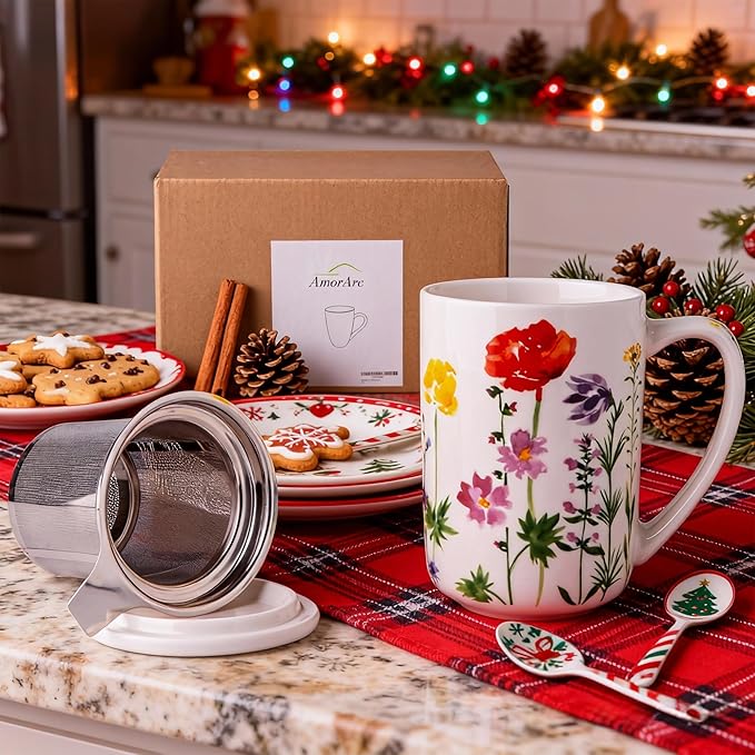 AmorArc Porcelain Tea Mug with Infuser and Lids, 18 Oz Coffee Cup Strainer with Bag Holder for Loose Leaf Tea, Tea Steeping Coffee Mug for House-warming Wedding Birthday Gift