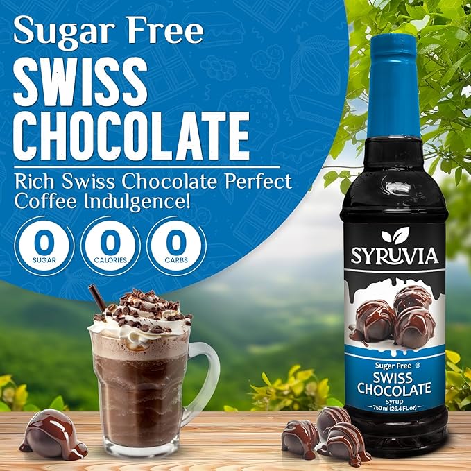 Syruvia Sugar Free Coffee Syrup, Swiss Chocolate Flavored Syrup for Drinks, Lattes, and Desserts – 25.4 fl oz, With Pump