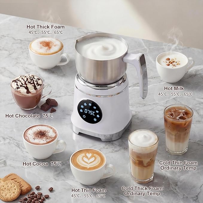 7-IN-1 Milk Frother, 20.3 OZ Milk Frother and Steamer with Temperature Control Stainless Steel Electric Milk Frother Dishwasher Safe Hot and Cold Foam for Latte Hot Chocolate Cocoa (White)