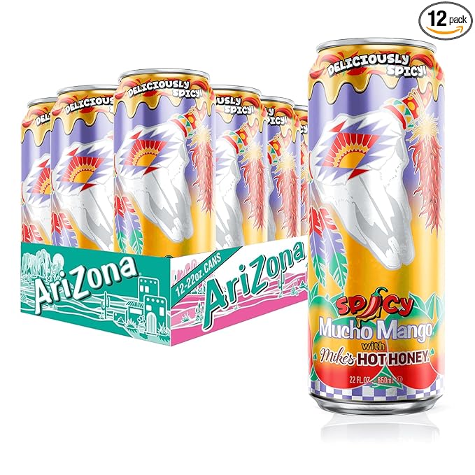 AriZona Mucho Mango, Fruit Juice Drink with Mikes Hot Honey - Big Can, 22 Fl Oz (Pack of 12)