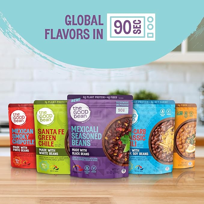 The Good Bean Heat and Eat Microwaveable Pouch - Mexicali Seasoned Beans - (4 Pack) 10 oz Pouch - Simmered Black Beans with Corn