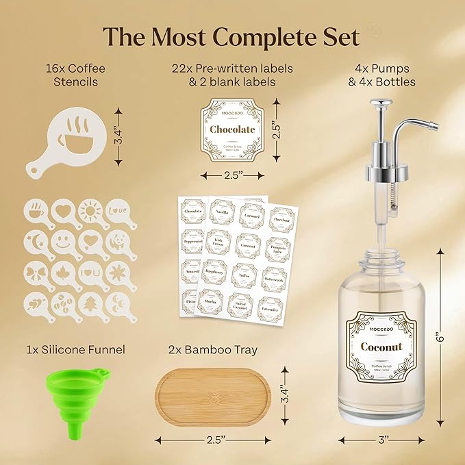 Glass Coffee Syrup Dispenser for Coffee Bar - Set of 4 Silver 16.9 oz / 500 ml Glass Syrup Bottles, Includes 2 Bamboo Trays, 16 Stencils, Labels, Coffee Bar Accessories