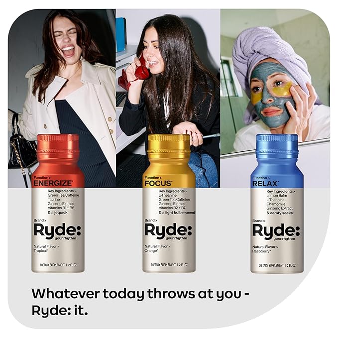 Ryde: Discovery Pack | Energize, Focus & Relax Shots | Green Tea Caffeine, Taurine, Ginseng, B Vitamins, L-Theanine, Lemon Balm, Chamomile | 0 Calories, 0 Sugar | Variety Pack – Try Them All (6 Pack)